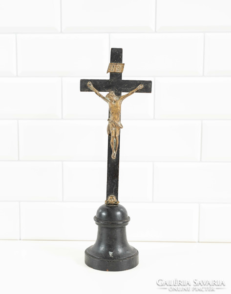 Large Biedermeier wooden cross with copper body, skull - wooden crucifix