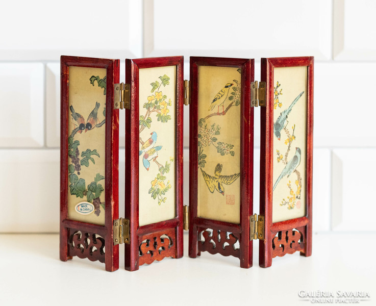 Vintage mini kínai paraván tájképpel és madarakkal - távol-keleti miniatűr dísztárgy
