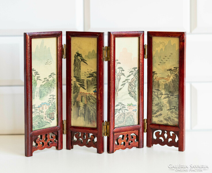Vintage mini Chinese screen with landscape and birds - Far Eastern miniature ornament