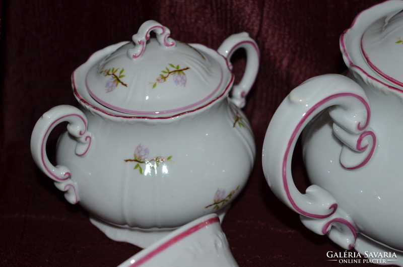 Zsolnay rózsaszín barack virágos teás készlet
