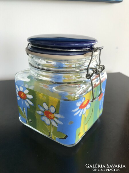 Virágmintás üveg tároló edény, fedővel (60)