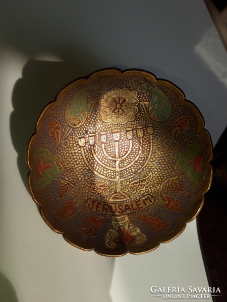 Jerusalem - inscribed copper bowl with menorah decoration