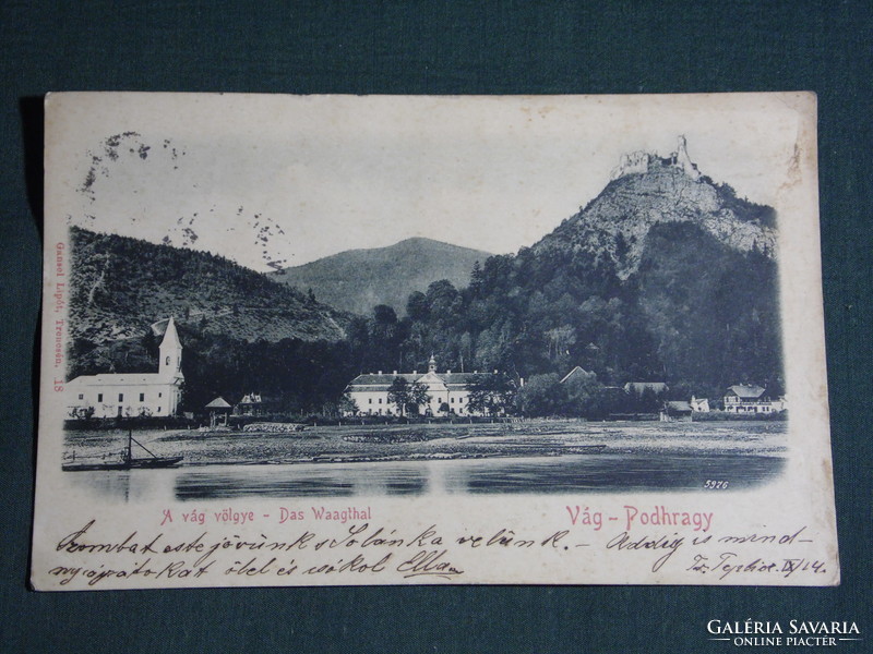 Képeslap, Postcard,Vágváralja völgy,Vág-Podhrágy, Povazské Podhradie,vár,templom, faúsztatás 1899