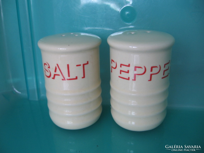Pair of retro porcelain salt, pepper shakers and table spice holders