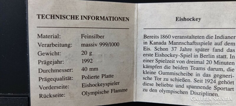 Olimpiai játékok 1992 Albertville emlékérme sorozat jégkorong sorszámozott színezüst