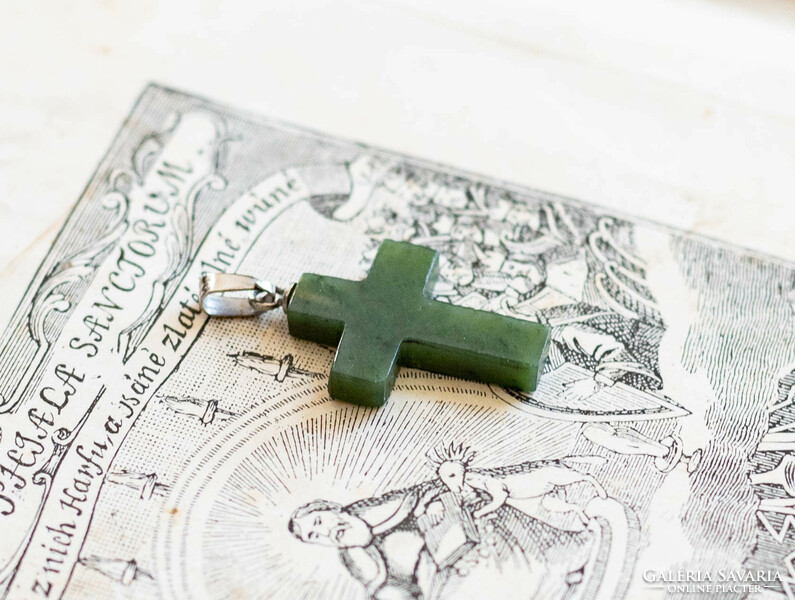 Green jade stone cross pendant - Christian, Catholic pendant