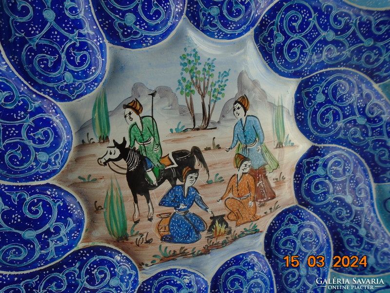Persian-Iranian Isfahan turquoise enamel wall plate with miniature painting minakari