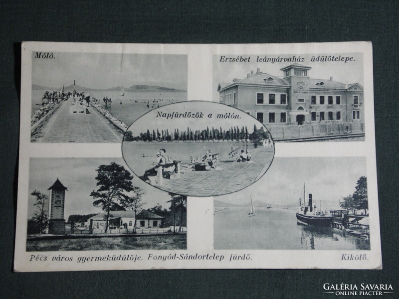 Postcard, phone number, mosaic details, pier, port, orphanage resort, Pécs children's resort, 1930