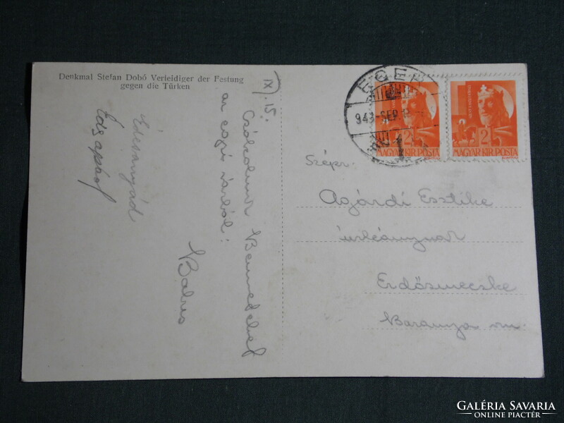 Képeslap, Postcard, Eger, Dobó István szobor, emlékmű, 1943