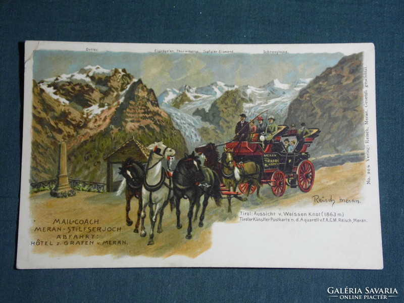 Képeslap,Postcard, Italy, Meran, Merano, Hotel Grafen, Hotel hintó, fogat, litho, 1900