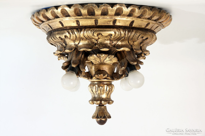 Antik Laparanyozott Mennyezeti Lámpa | Barokk Stílusú Aranyozott Faragott Fa Csillár