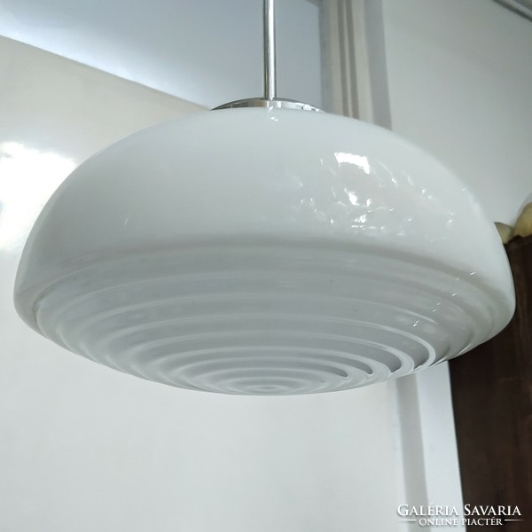Bauhaus - art deco ceiling lamp renovated - concentrically ribbed milk glass shade