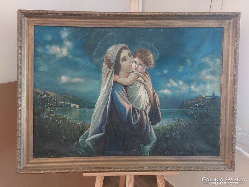 (K) large marked old painting of a holy image (plough? ) 113X81 cm with frame