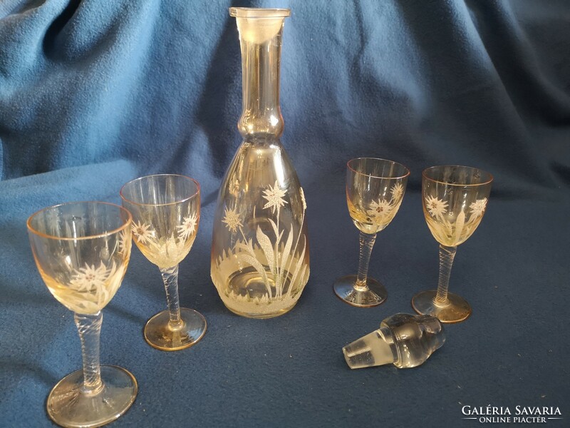 Old crystal glass, decorated with snowdrops + 4 glasses