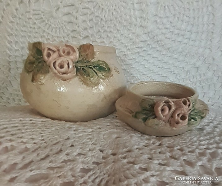 Pink vintage ceramic set (pot + candle holder)