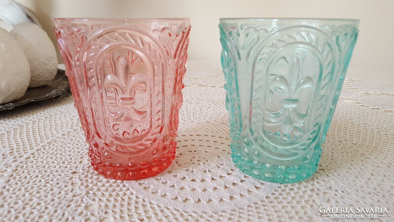 Embossed glass cup with lily pattern, 2 candle holders.