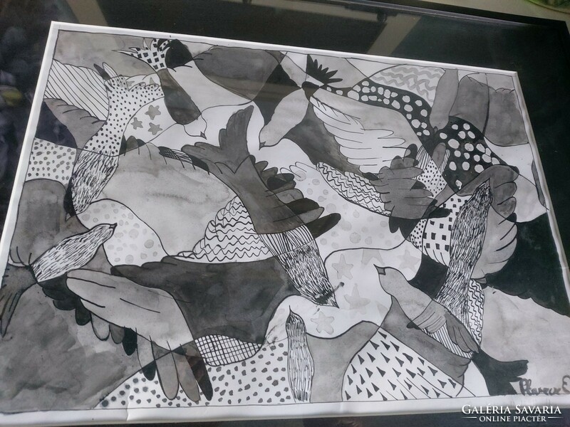 Szép, madarakat ábrázoló egyedi kép, fekete-fehér tusrajz 55 x 42 cm
