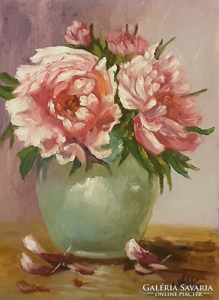 Antyipina Galina: Pünkösdi rózsák egy vázában, olajfestmény, vászon, festőkés. 40x30cm