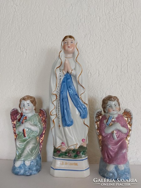 Old porcelain grace object Virgin Mary n.D. De Lourdes religious statue angels 3 pcs