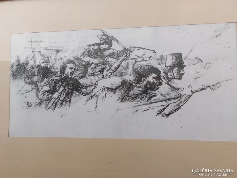 (k) Szignózott csatajelenet grafika 54x33 cm kerettel