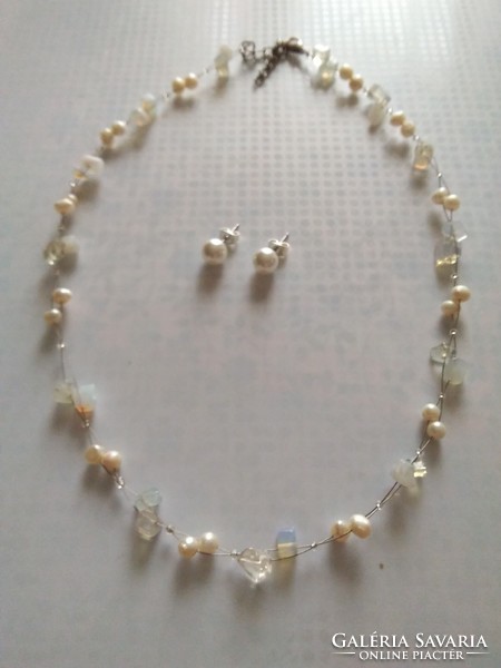 Necklace with real pearls and opalite + gift earrings
