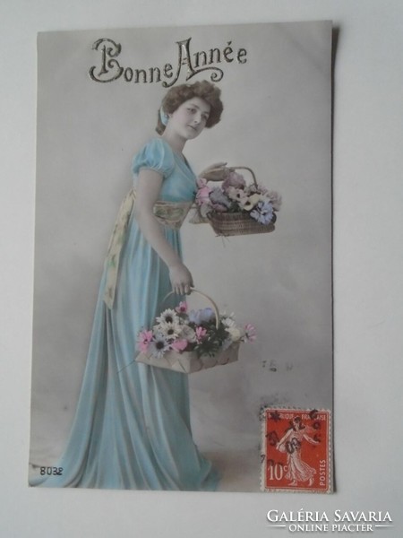 D201777 lady with flowers new year greeting card 1910k lemonnier paris