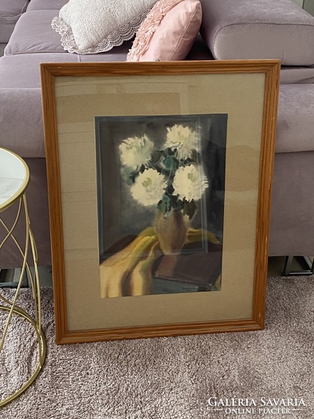 Pászkán Lilla 1967 Virágcsendélet csendélet akvarell  70x54,5 cm