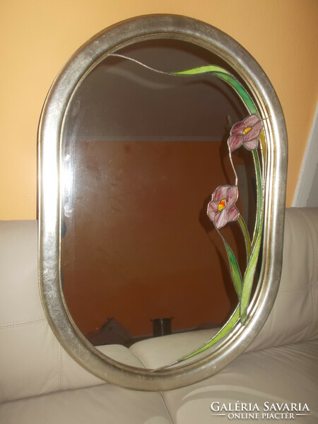 Nagyméretű fakeretes ólomüveg díszítésű szecessziós tükör