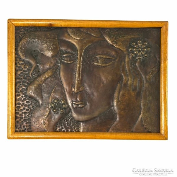 Mid-century bronze wall picture, wall decoration - female face - unique and special metalwork