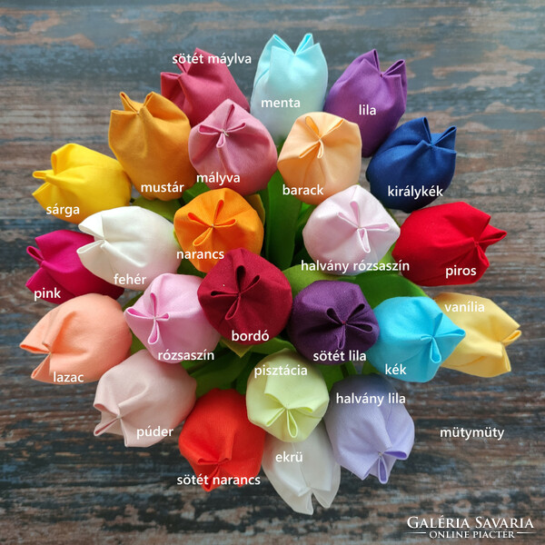 Textil tulipán csokor, natúr csomagolásban, kísérőkártyával, 5 sz/cs, örökcsokor, virágcsokor