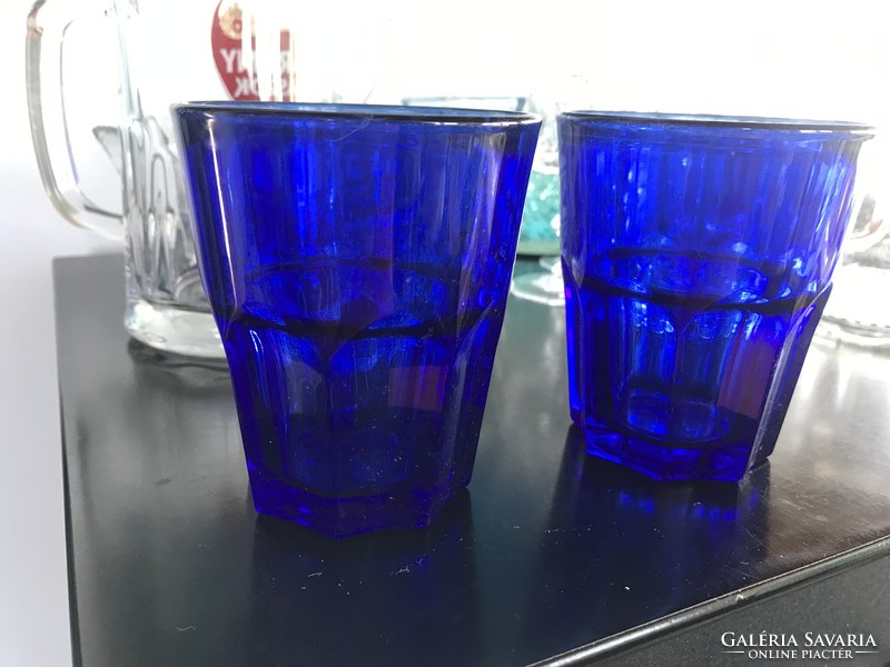 2 blue molded glass cups, water glasses
