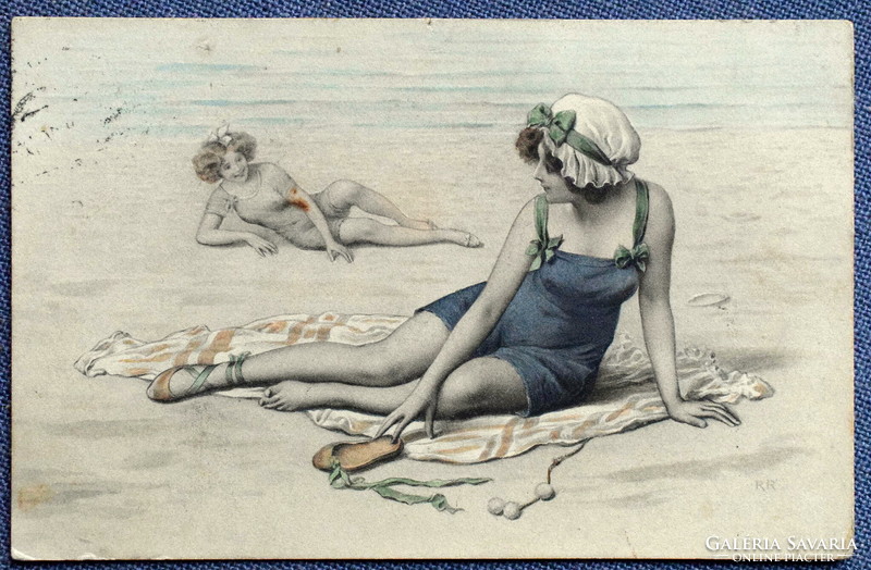 Antik Ritka M M Vienne színezett grafikus üdvözlő képeslap - fürdöző hölgyek
