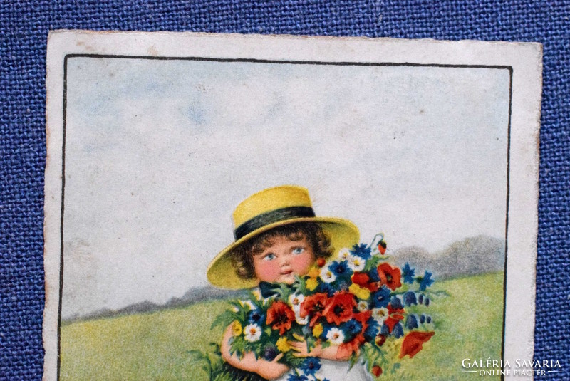 Old ebner graphic greeting card - little girl with a bouquet of spring flowers