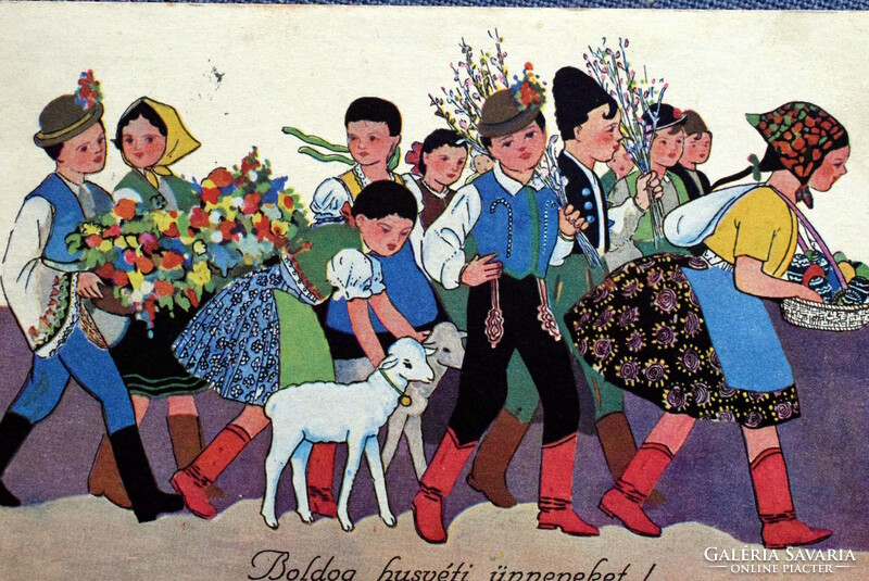 Régi Bernáth  Húsvéti  üdvözlő képeslap - ünneplő gyerekek magyaros ruhában