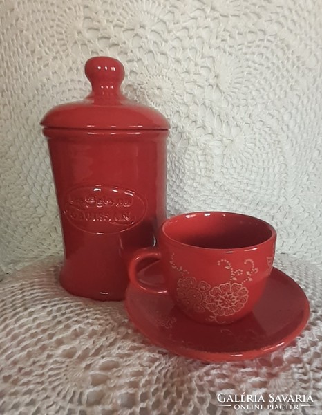 Red coffee cup + saucer