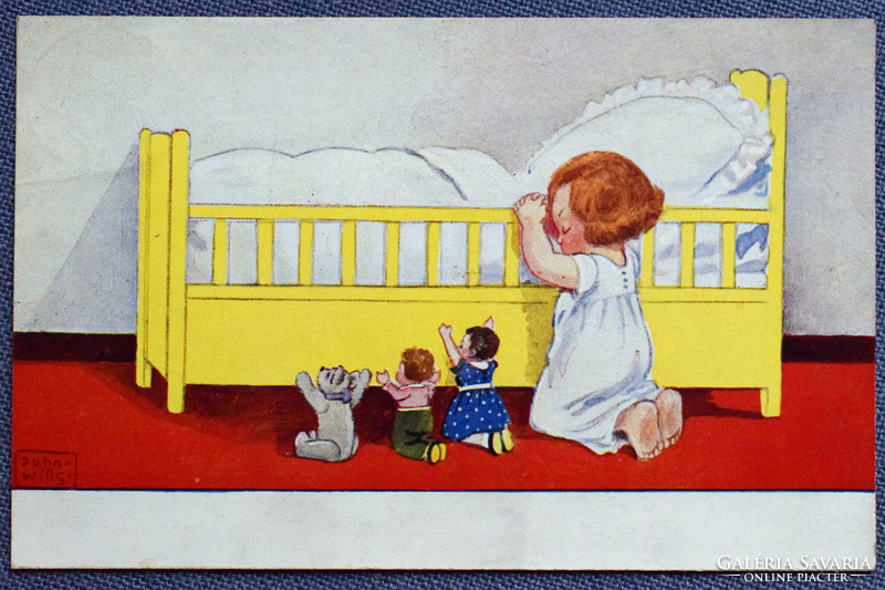Régi  Wills  humoros grafikus  üdvözlő  képeslap - kádban éneklő kisleány