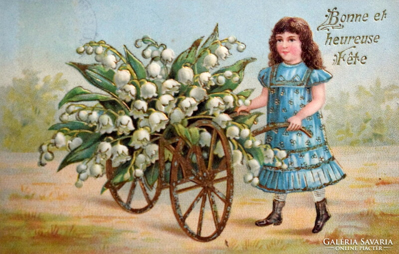 Antique embossed greeting litho postcard - little girl gold wheelbarrow lily of the valley