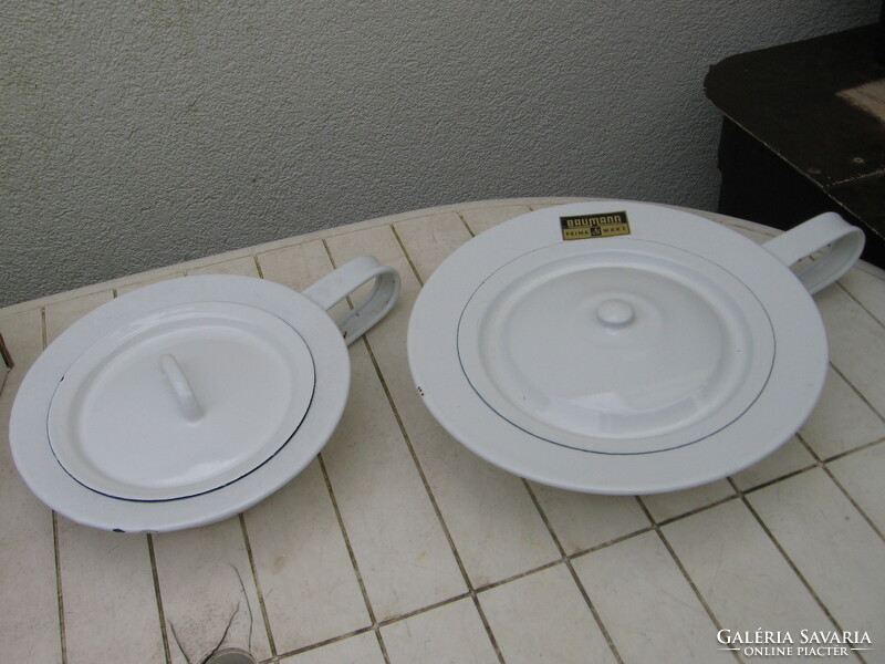2 Pcs retro enamel bed bowl with lid baumann prima ware 30s, 40s