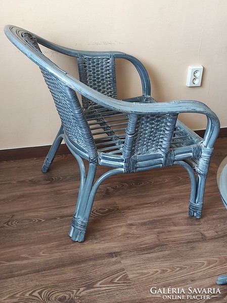 Blue rattan set (2 armchairs with cushions + table with glass top)