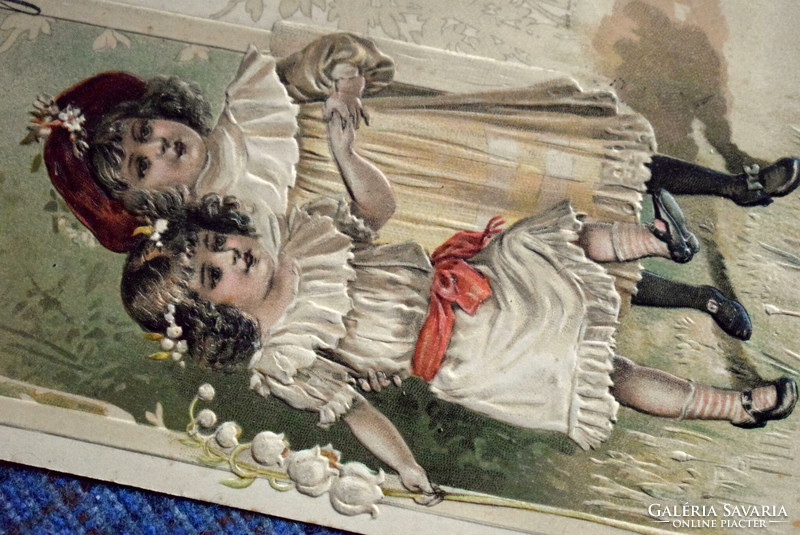 Antik dombornyomott Húsvéti üdvözlő litho képeslap - kisleányok , csibék
