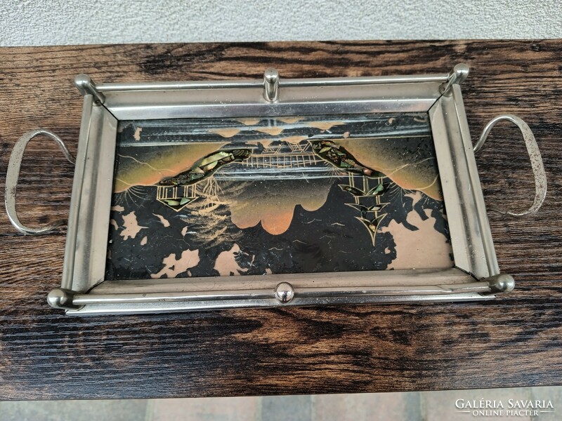 Art-deco French chrome tray with mother-of-pearl inlaid pattern. Negotiable.