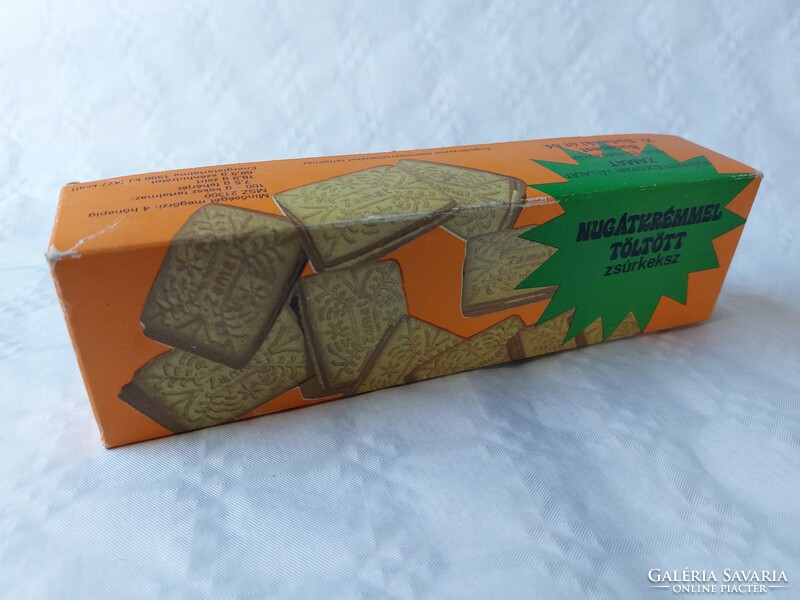 Retro biscuit box. Pastry biscuits filled with nougat cream in a paper box