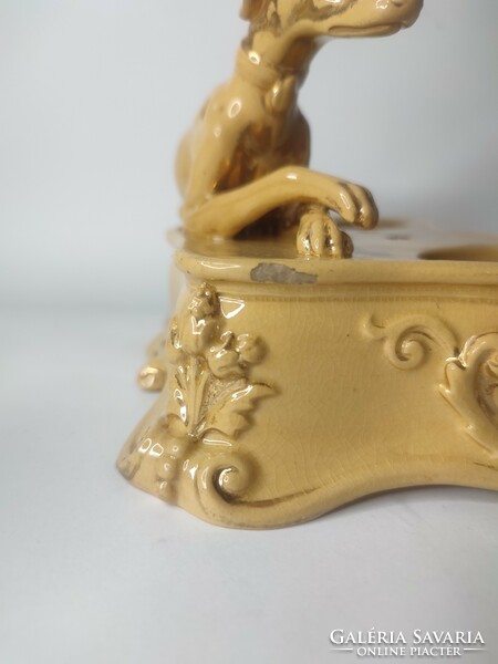 Antique Austrian anton tschinkel canine hard ceramic inkstand with crest calamari
