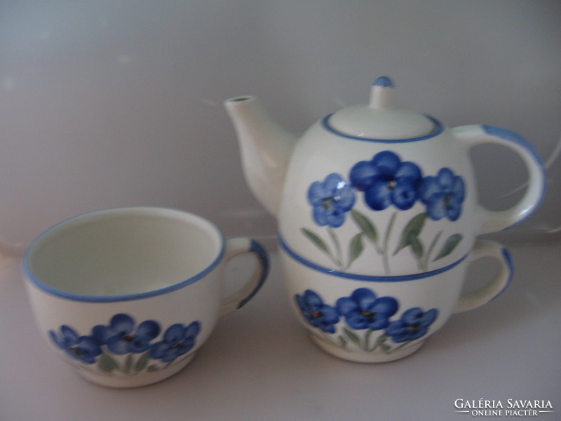 Retro kőporcelán kék virágos teás szett plusz csésze