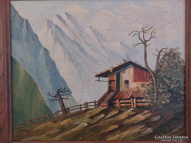 (K) Szép, szignózott alpesi festmény 58x49 cm