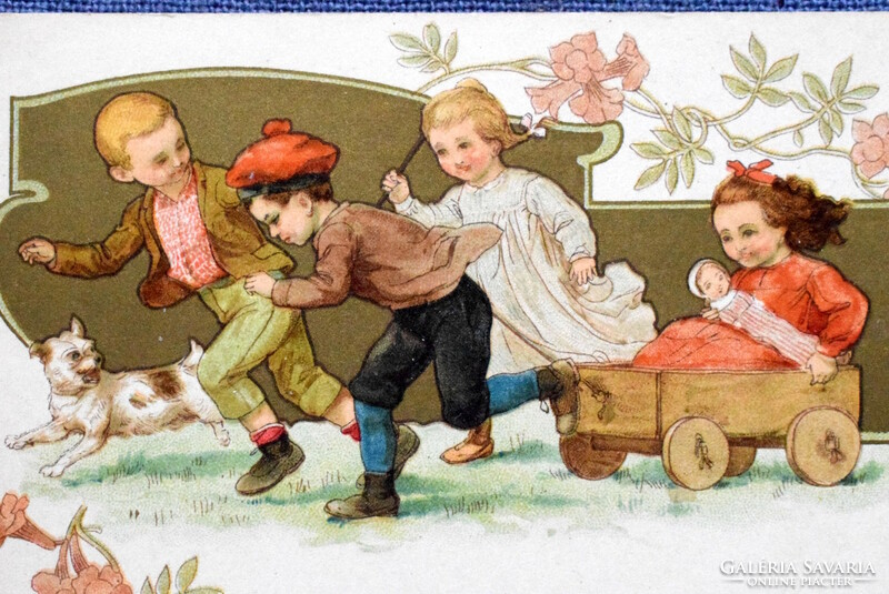 Antique art nouveau graphic litho postcard - children playing / lindt chocolate advertisement