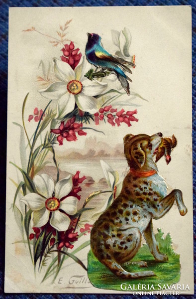 Antik valódi dekupázs művész képeslap Guillot - nárcisz ,vadász kutya, madár