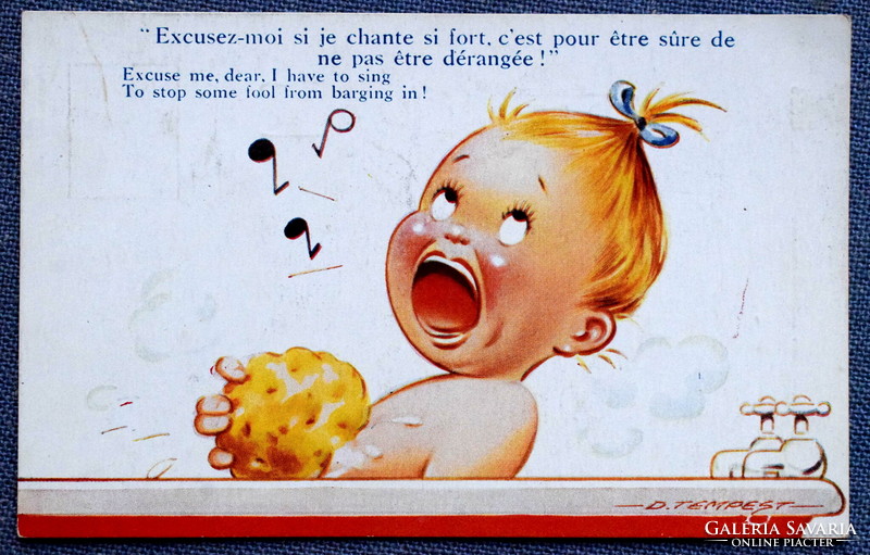 Régi  Tempest humoros grafikus  üdvözlő  képeslap - kádban éneklő kisleány