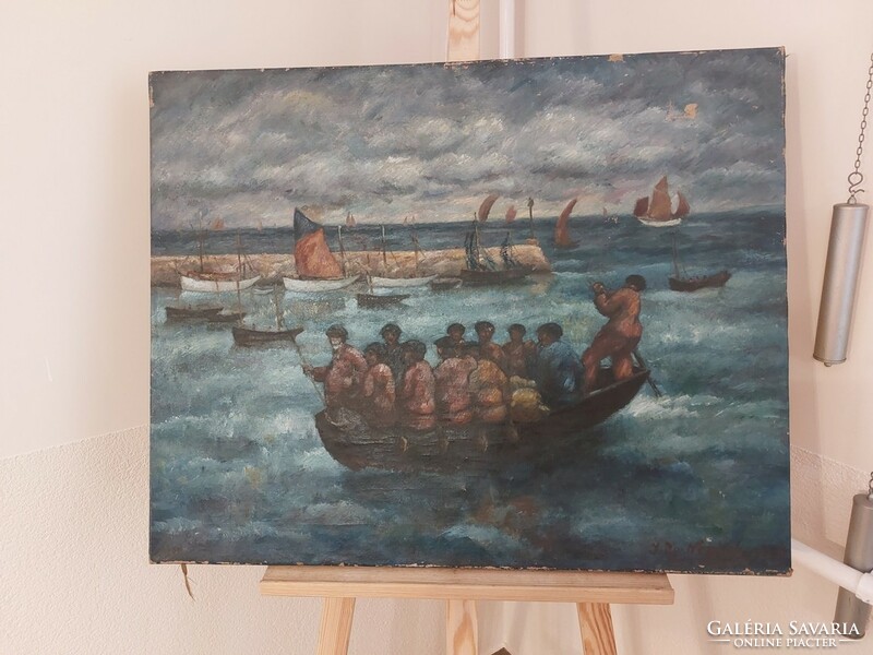 (K) Haranglábi Nemes József zsúfolt csónak a tengeren festménye 80x65 cm