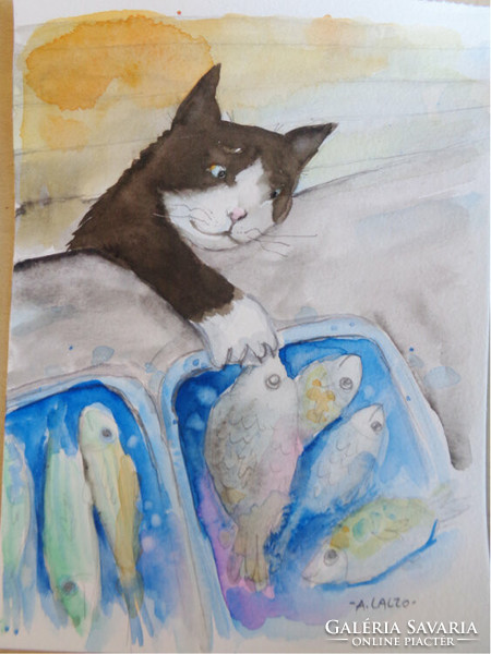 Halak - agnes laczó contemporary painter/graphic artist, original watercolor painting on paper, cat